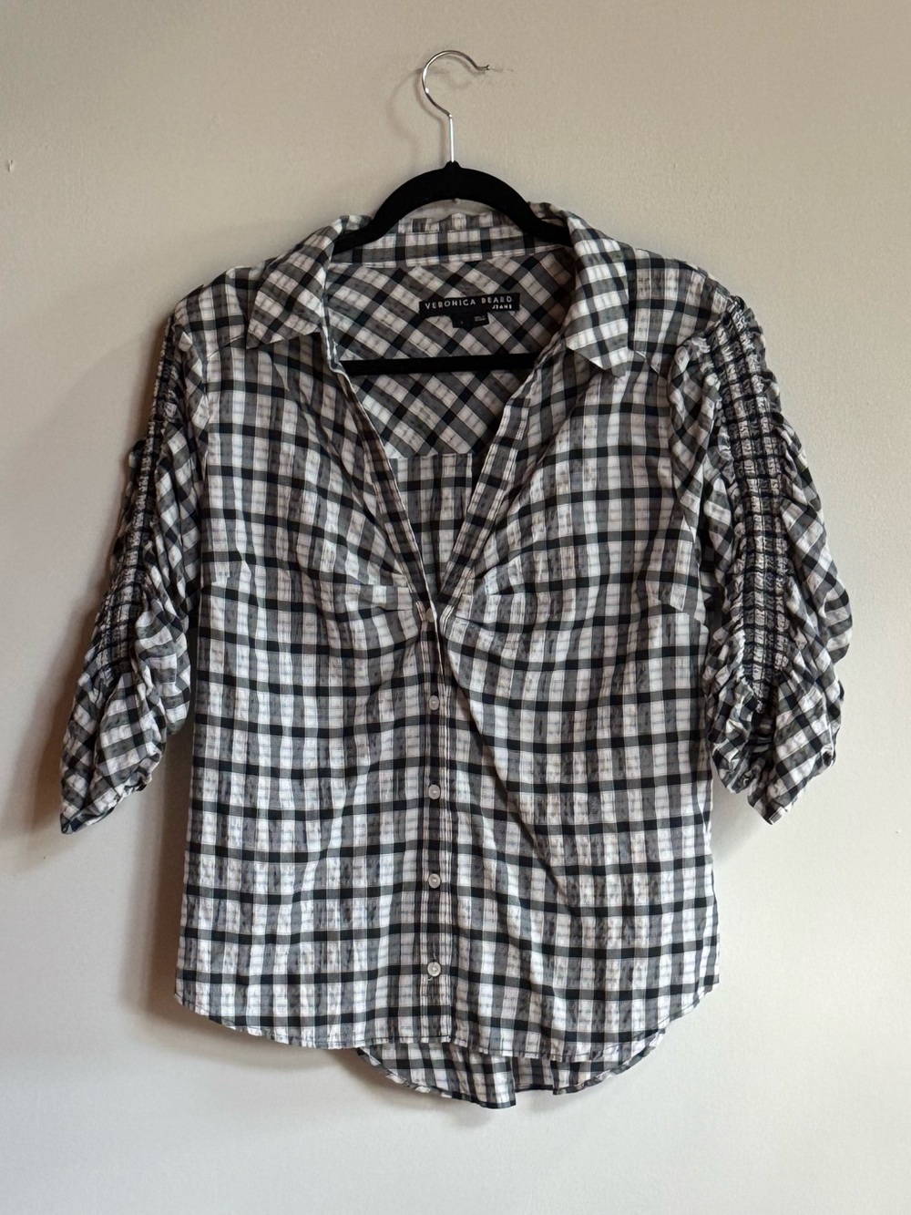 Veronica Beard Jeans Plaid Button Down Shirt Ruched Sleeve Top Size L
